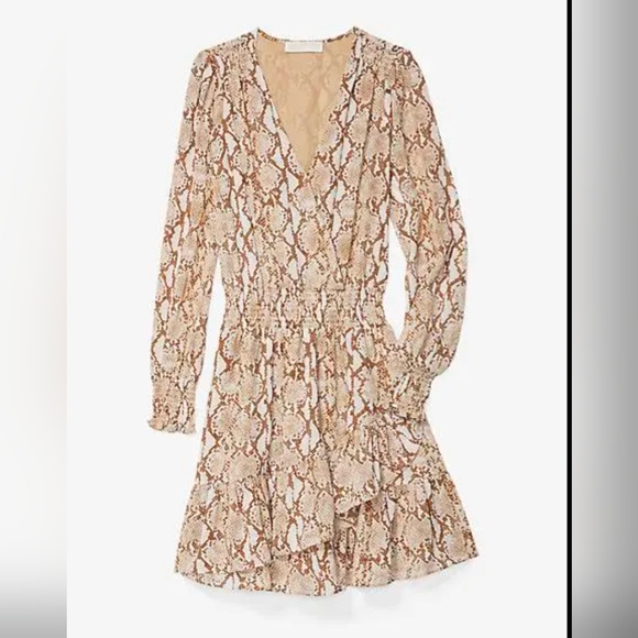Michael Michael Kors Snake Print Ruffle Mini Dress | XL Tan Khaki V-Neck - Picture 1 of 9